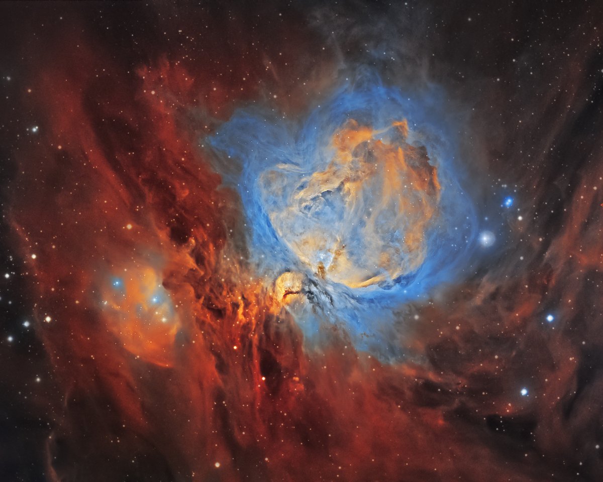 Processed narrowband image of Orion; colours are not a binocular view.