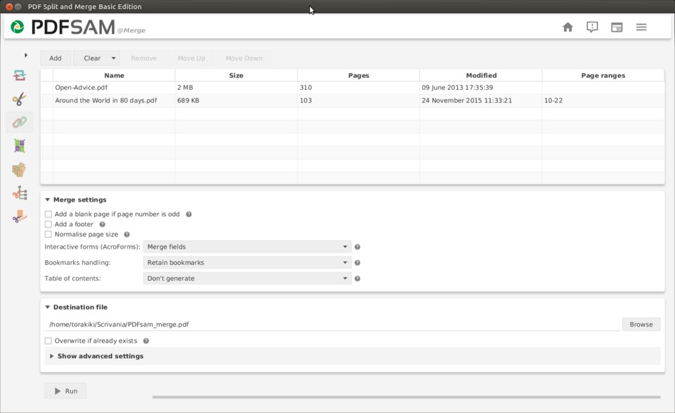 Archived PDFsam Basic merge screen