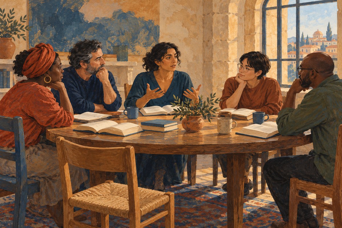 AI illustration: discussing civic ideas.