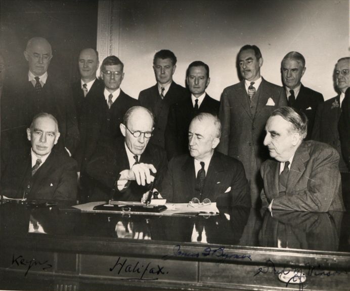 Signing of the 1945 Anglo-American loan agreement; historical illustration.