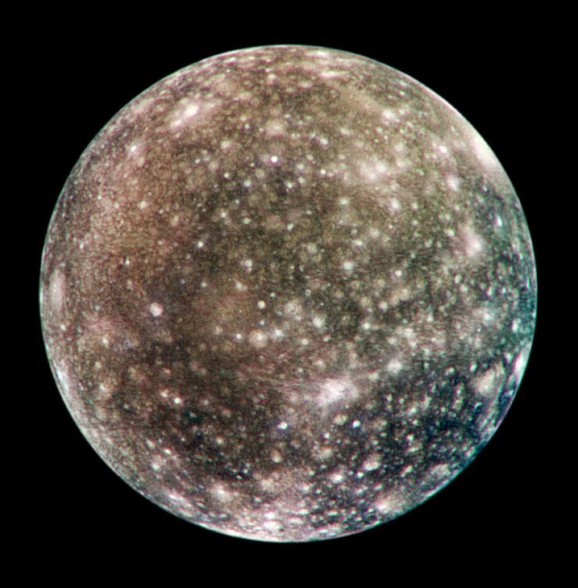 Callisto in a Galileo global color mosaic. NASA/JPL/DLR.
