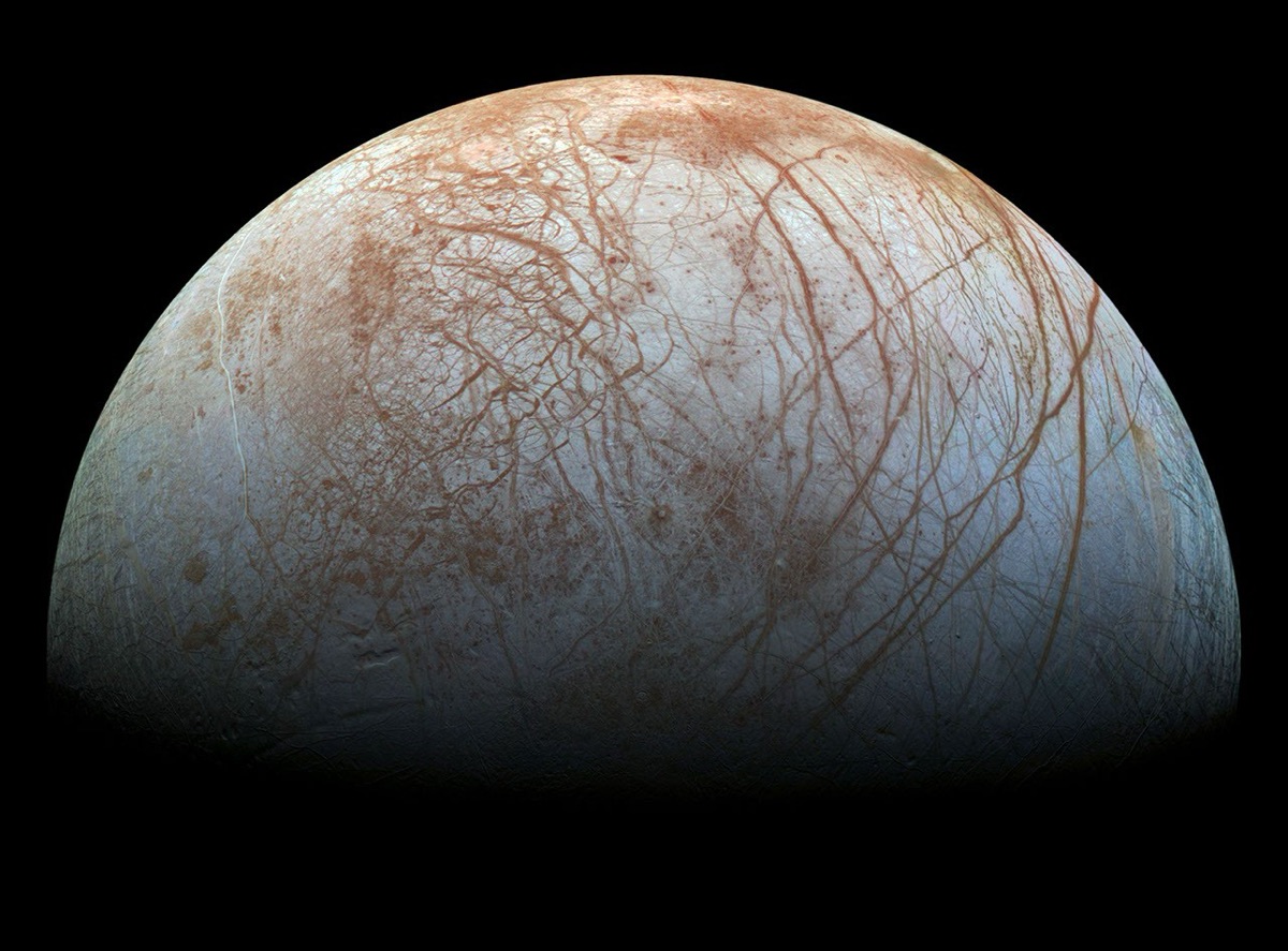 Europa in a reprocessed Galileo color mosaic. NASA/JPL-Caltech/SETI Institute.