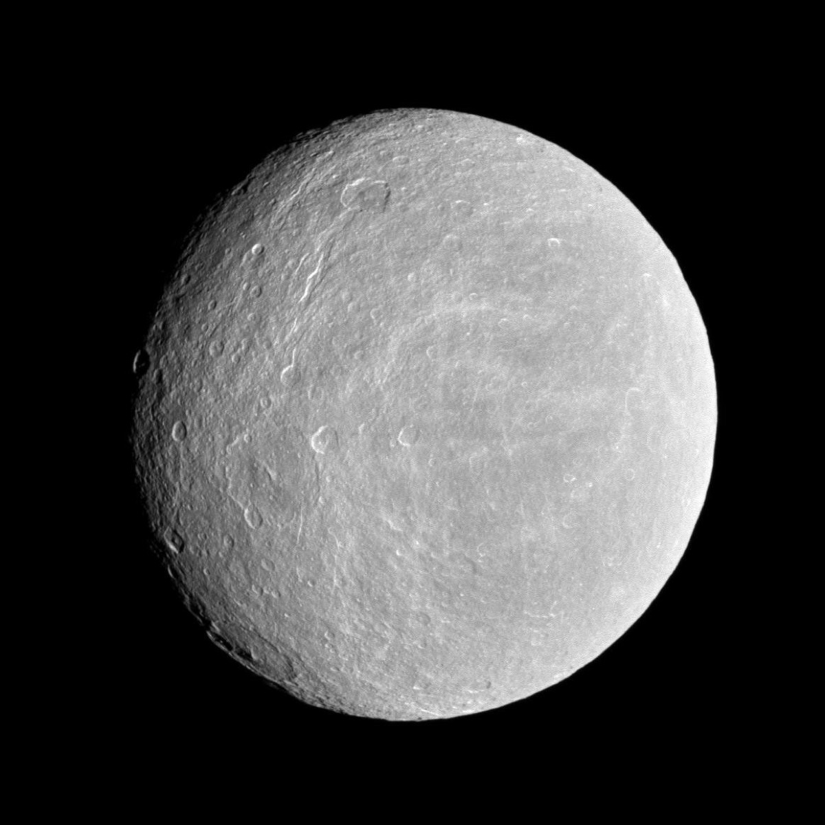 Rhea’s cratered surface photographed by Cassini. NASA/JPL/Space Science Institute.