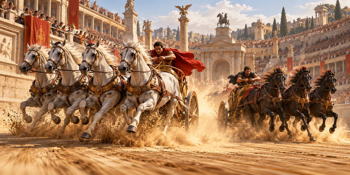 Chariots racing in an ancient Roman arena · AI-generated thematic illustration · Topnilo