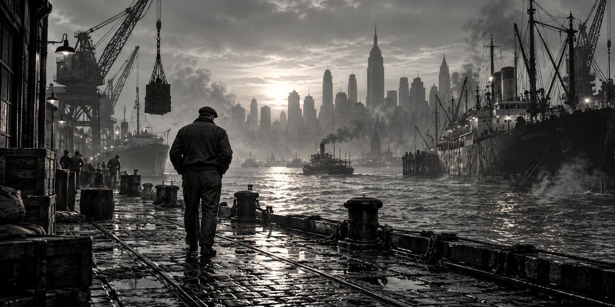 A dockworker on a misty 1950s waterfront · AI-generated thematic illustration · Topnilo