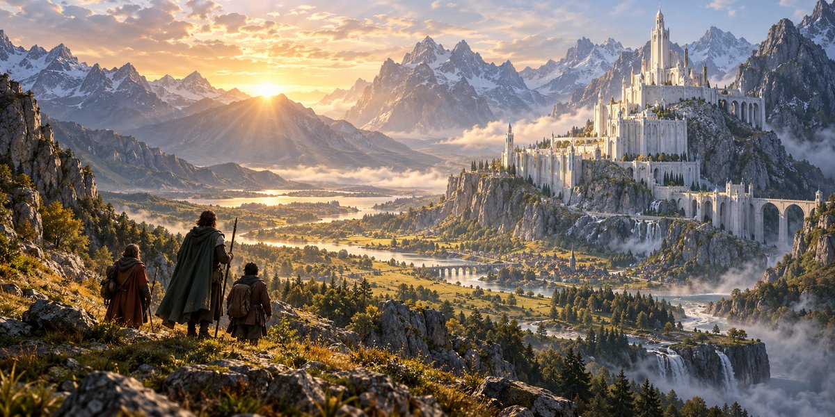 An original fantasy citadel and mountain landscape · AI-generated thematic illustration · Topnilo