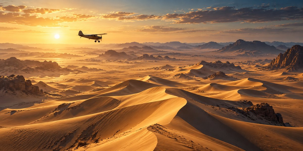 A propeller plane above desert dunes · AI-generated thematic illustration · Topnilo