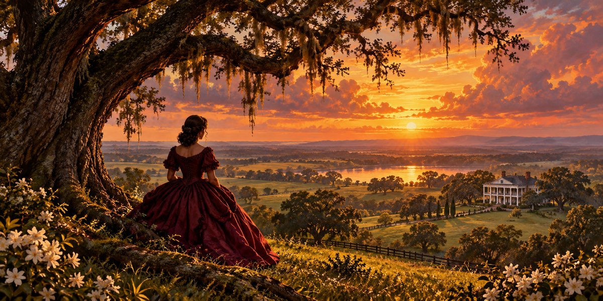 A woman in period dress beneath a Southern oak · AI-generated thematic illustration · Topnilo