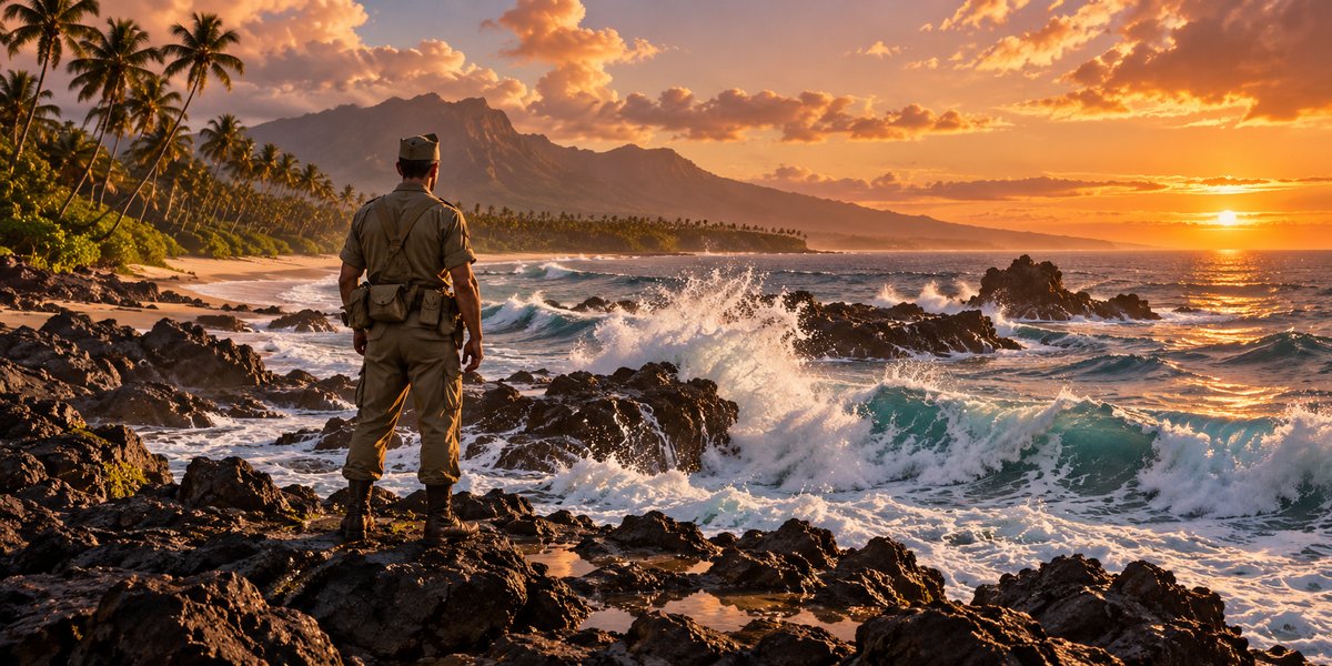 A soldier overlooking a Hawaiian shore · AI-generated thematic illustration · Topnilo