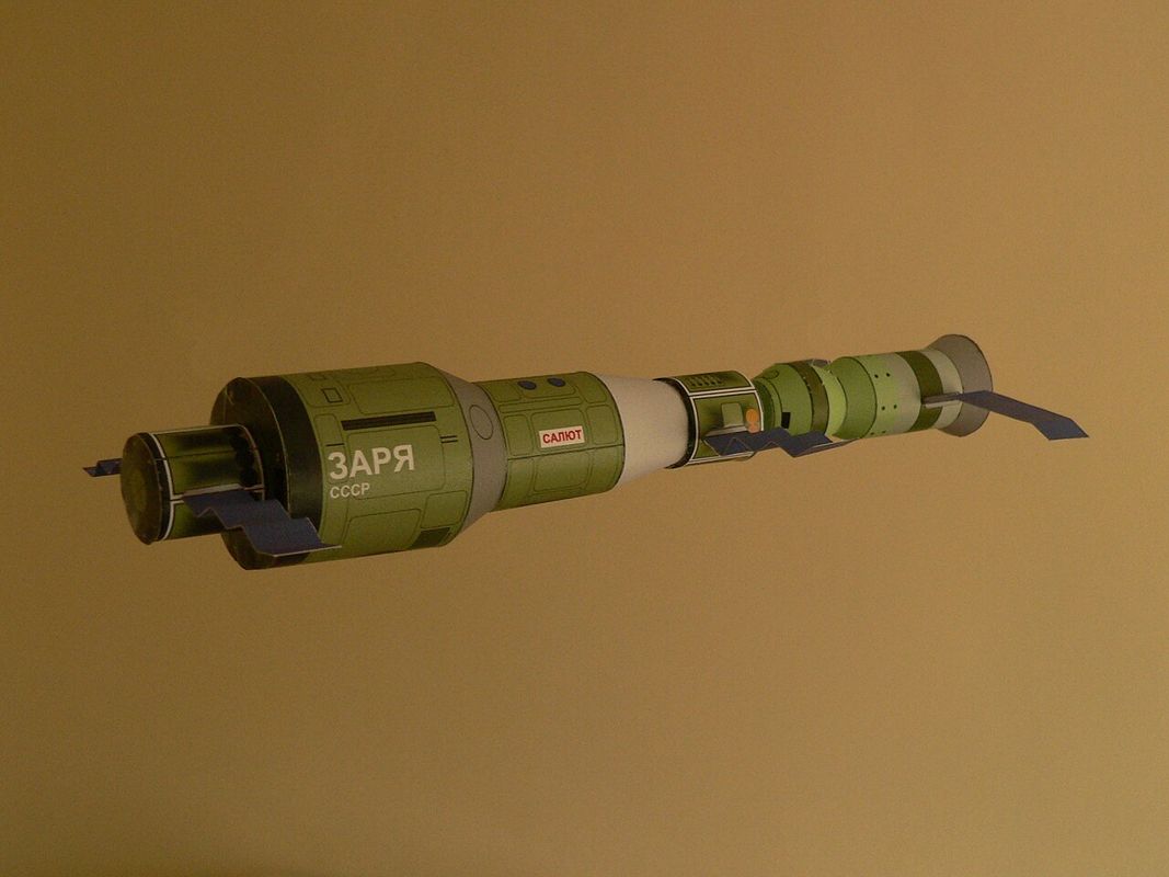 Paper model of Salyut 1; a reconstruction, not flight photography.